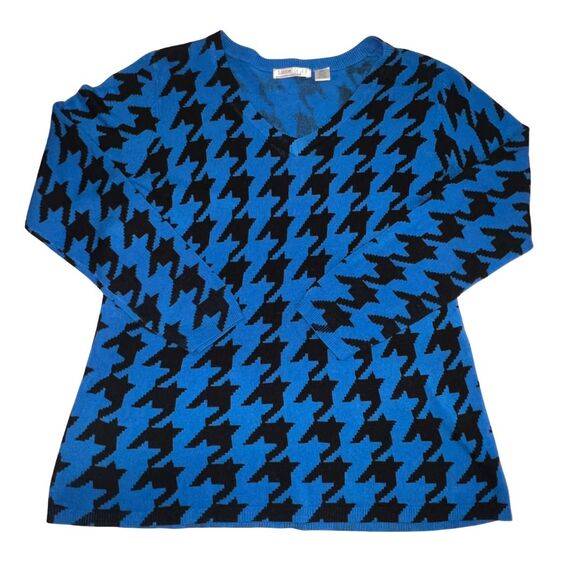 Luxe 360 Sweater Women Large Blue Houndstooth VNeck Retro Glam Knit Academic Top - Picture 1 of 9